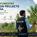 Professional featured graphic showing an Anaxee Digital Runner interacting with an Indian farmer in an agroforestry plantation project, highlighting carbon sequestration, farmer support, climate action, and sustainable rural development in India.
