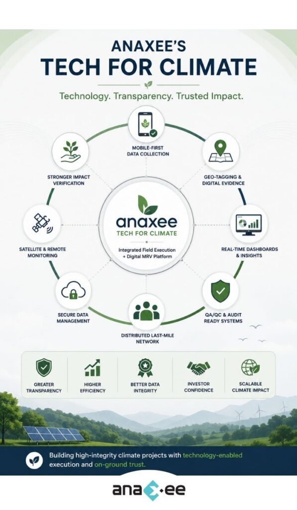 Anaxee Tech for Climate infographic showing digital MRV, geo-tagging, real-time dashboards, QA/QC systems, satellite monitoring, and last-mile field execution.