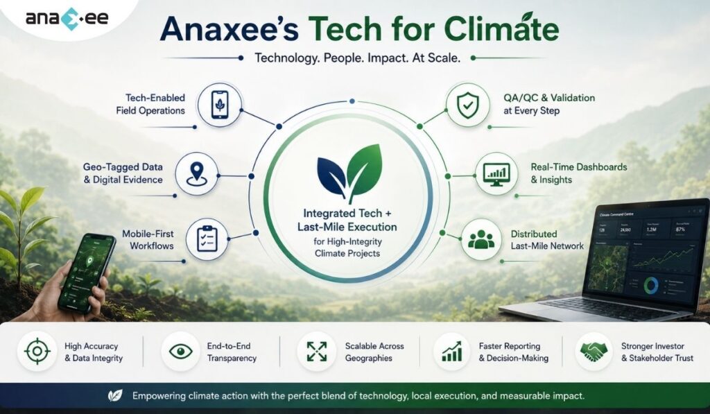 Anaxee Tech for Climate infographic showing integrated field execution, geo-tagged monitoring, QA/QC validation, dashboards, and distributed last-mile climate implementation networks.