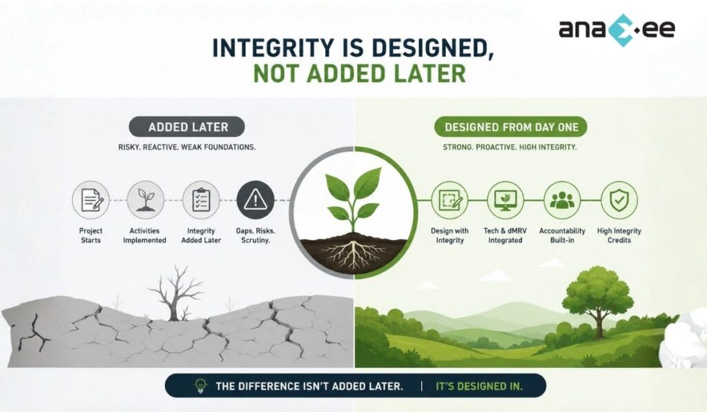 Comparison infographic showing the difference between retrofitted integrity and high-integrity carbon projects designed with dMRV and accountability from day one.