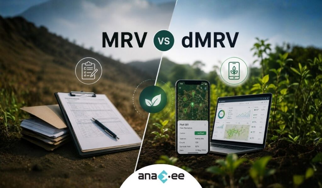 Comparison between traditional MRV and digital MRV systems showing paper-based monitoring versus mobile-based climate monitoring dashboards and geo-tagged field data collection.