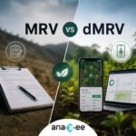 Comparison between traditional MRV and digital MRV systems showing paper-based monitoring versus mobile-based climate monitoring dashboards and geo-tagged field data collection.