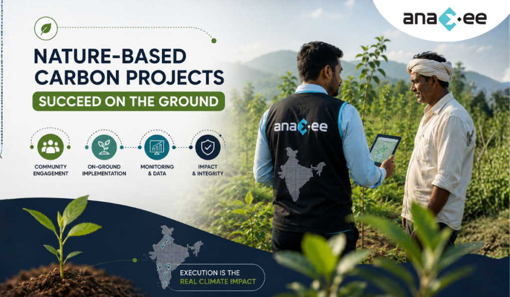 Professional climate project graphic showing an Anaxee Digital Runner using digital monitoring tools with a farmer in an agroforestry plantation, highlighting community engagement, on-ground implementation, monitoring systems, and impact integrity for nature-based carbon projects in India.