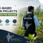 Professional climate project graphic showing an Anaxee Digital Runner using digital monitoring tools with a farmer in an agroforestry plantation, highlighting community engagement, on-ground implementation, monitoring systems, and impact integrity for nature-based carbon projects in India.