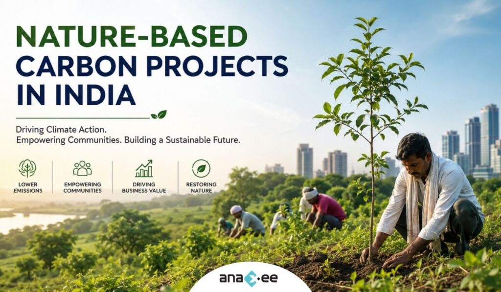 Featured graphic showing Indian farmers planting trees in a nature-based carbon project landscape with greenery, agroforestry activities, and a modern city skyline representing climate action, community development, and sustainable carbon projects in India.
