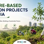 Featured graphic showing Indian farmers planting trees in a nature-based carbon project landscape with greenery, agroforestry activities, and a modern city skyline representing climate action, community development, and sustainable carbon projects in India.