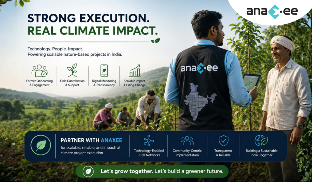 Banner graphic showing an Anaxee Digital Runner using digital monitoring tools with farmers in a rural agroforestry plantation, representing scalable climate project execution, farmer onboarding, field coordination, and technology-enabled carbon project implementation in India.