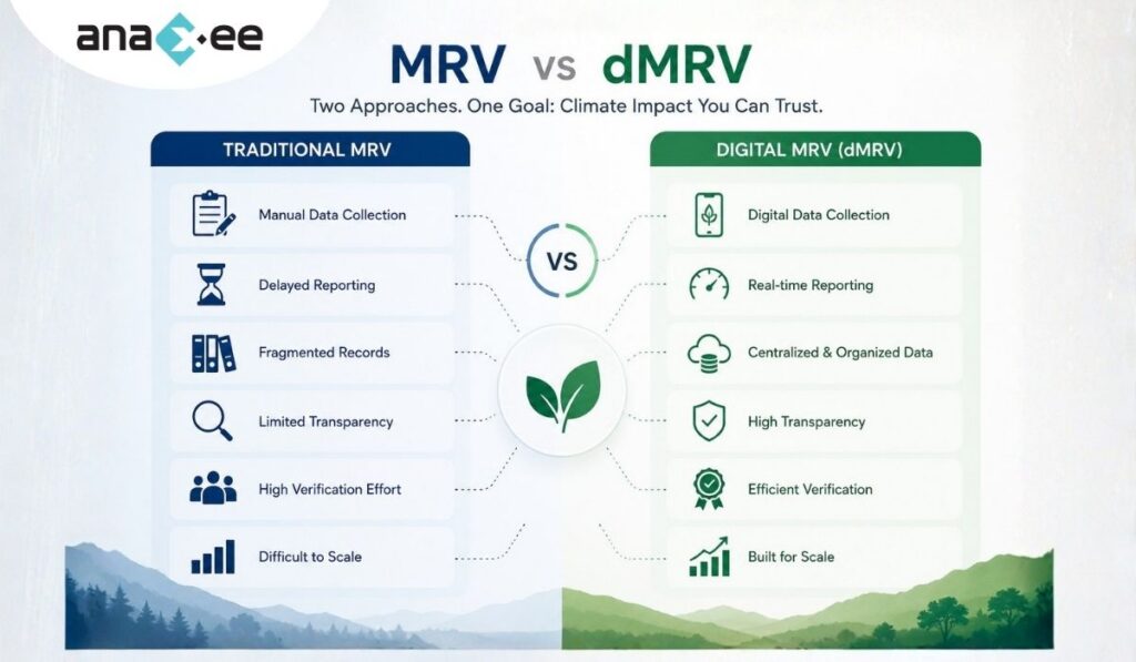 Side-by-side comparison infographic between traditional MRV and digital MRV showing differences in reporting speed, transparency, scalability, and verification efficiency.