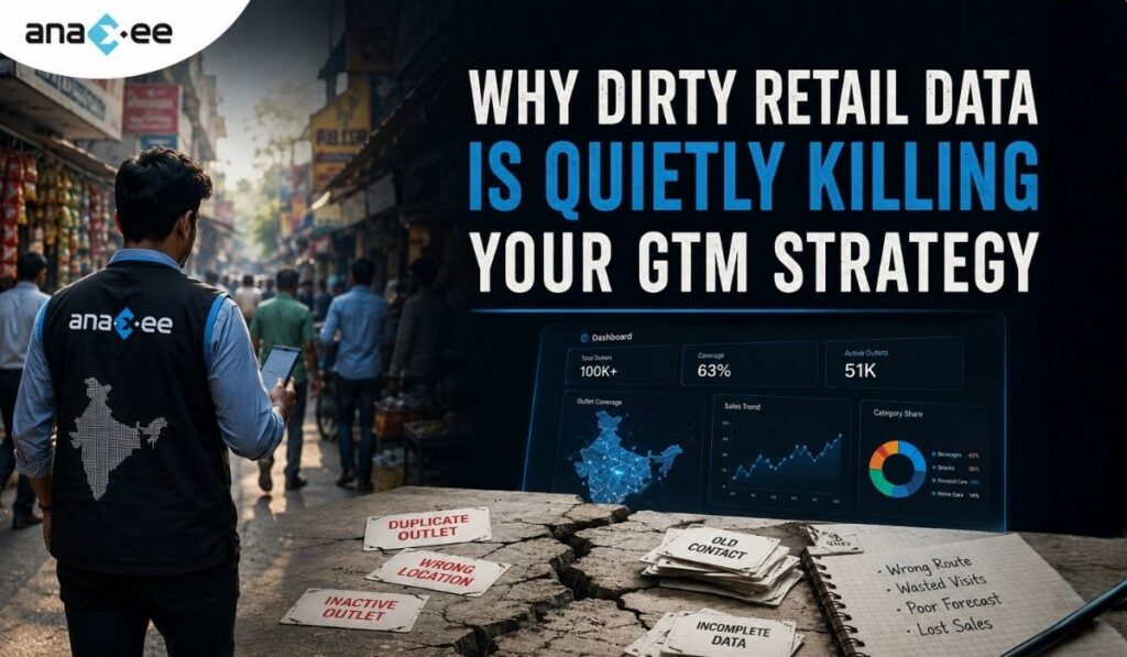 Anaxee field executive standing in a retail market beside broken retailer data records and dashboards showing how inaccurate retail data damages GTM strategy and sales execution.