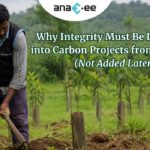Indian field worker using digital-first plantation practices in a high-integrity carbon project with Anaxee field operations vest.