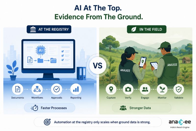 Comparison between AI-powered registry automation and field-level carbon data collection, illustrating that reliable evidence from the ground enables faster verification.