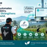 Infographic comparing the registry side and field side of carbon markets, showing administrative workflows on one side and geo-tagged data collection, community engagement, monitoring, and verification-ready data on the other.