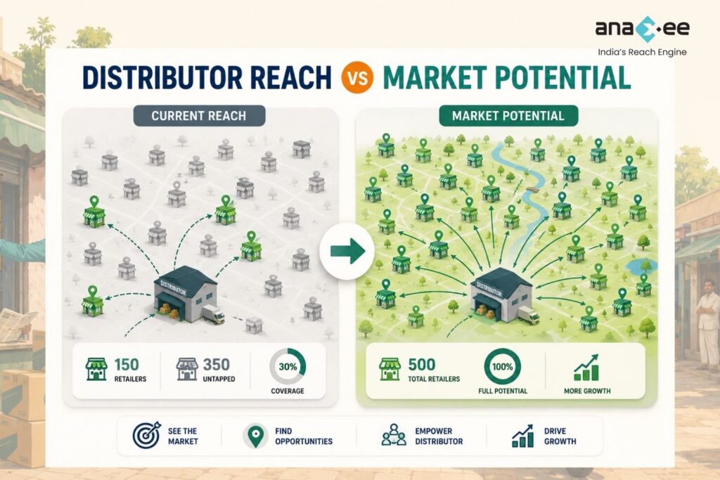 Infographic showing a distributor reaching only a portion of retailers in a district compared to the total retail market potential available for growth.