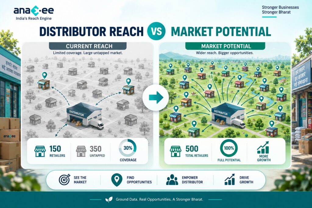 Infographic comparing limited distributor reach with wider market potential, showing how identifying untapped retailers can increase coverage and reveal new growth opportunities.