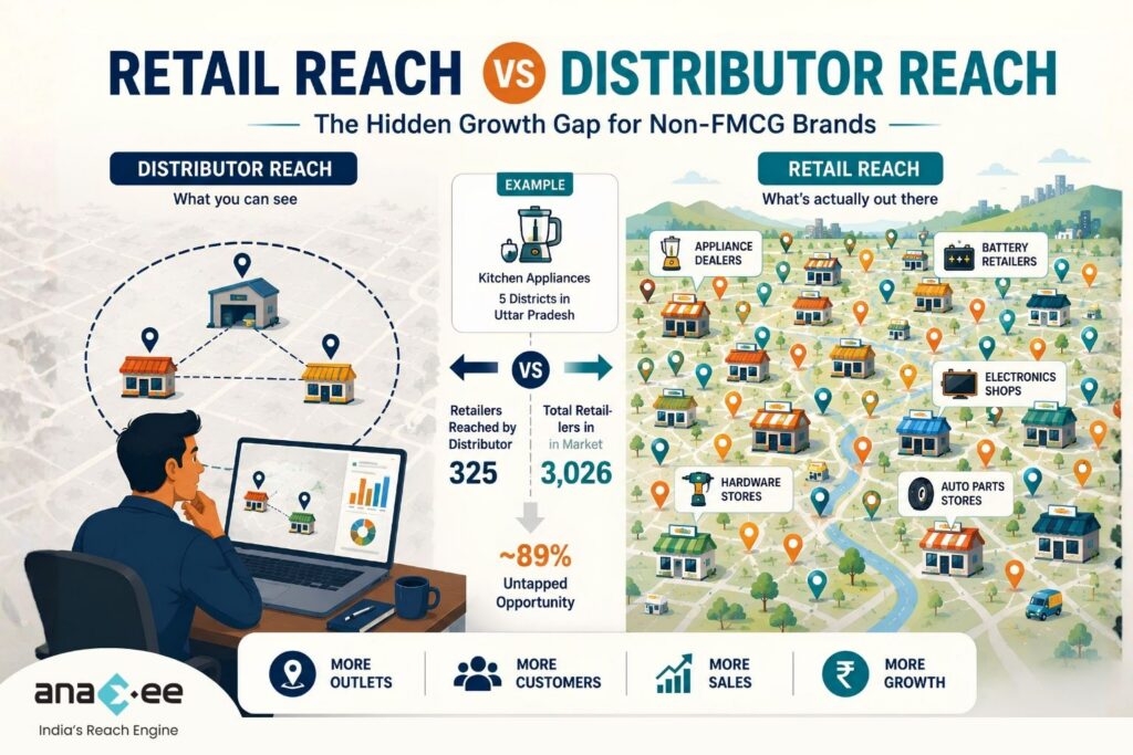 Infographic comparing distributor reach and retail reach using a kitchen appliance market example, highlighting 3,026 retail outlets identified across five districts in Uttar Pradesh.