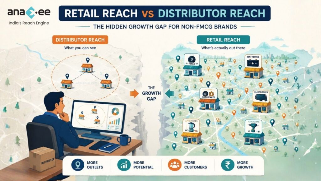 Infographic showing the difference between distributor reach and retail reach, highlighting hidden retail opportunities across automotive, electronics, appliance, and hardware stores.