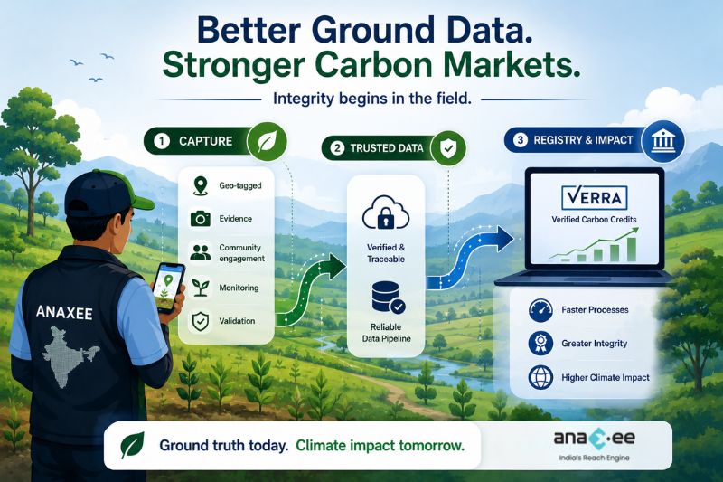 Workflow infographic showing geo-tagged field data moving through verification to carbon credit issuance in a modern digital MRV system.