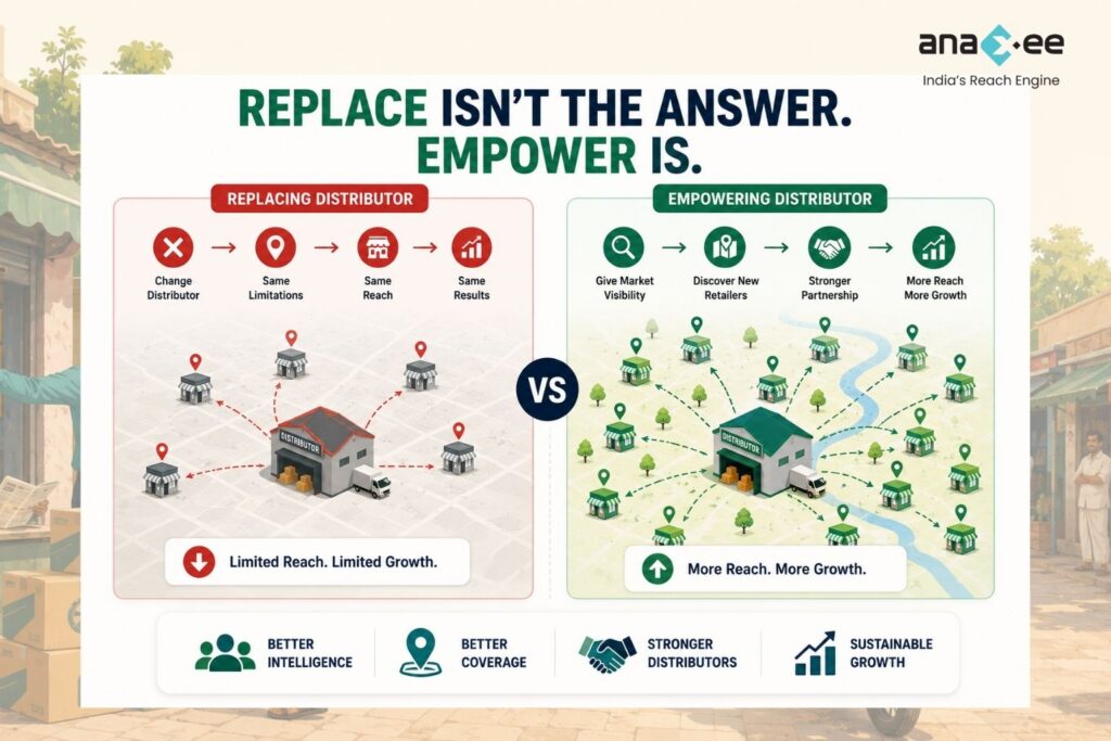 Comparison infographic showing why replacing distributors does not solve retail coverage problems while empowering distributors with market intelligence drives growth.
