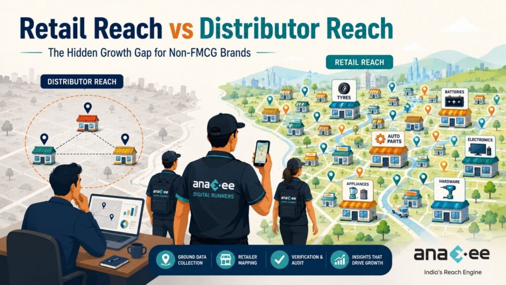 Illustration showing Anaxee Digital Runners uncovering retail opportunities beyond distributor networks across automotive, electronics, hardware, appliance, and battery retail markets.