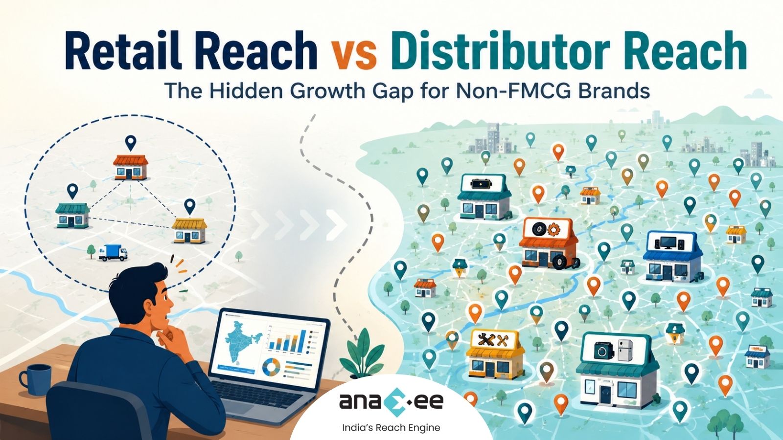 Illustration comparing distributor reach and retail reach, showing limited distributor visibility versus a large network of untapped retailers across India for non-FMCG brands.