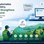 Vector illustration showing Verra's AI-powered registry automation and Anaxee's field data collection for nature-based carbon projects in India.
