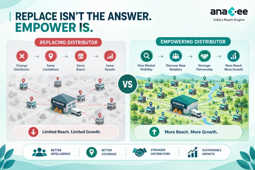 Infographic comparing a distributor replacement approach with an empowerment approach, showing how market visibility, new retailer discovery, stronger partnerships, and wider reach can support retail growth.