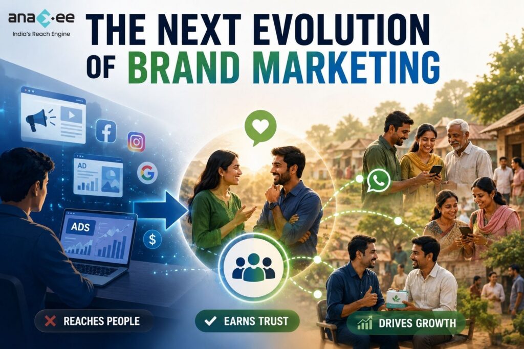 Illustration showing the evolution of brand marketing from digital advertising to human-led, trust-driven conversations and hyperlocal community influence.