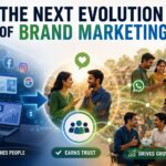 Illustration showing the evolution of brand marketing from digital advertising to human-led, trust-driven conversations and hyperlocal community influence.