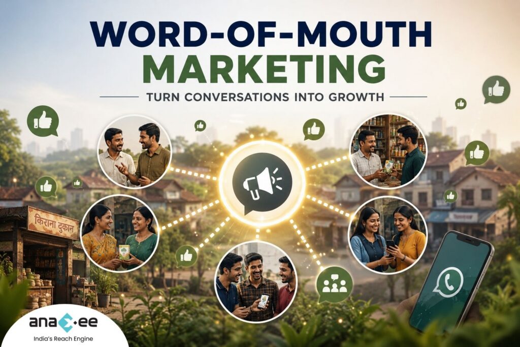 Illustration showing how word-of-mouth marketing spreads through conversations, communities, retailers, WhatsApp, and trusted recommendations.