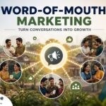 Illustration showing how word-of-mouth marketing spreads through conversations, communities, retailers, WhatsApp, and trusted recommendations.