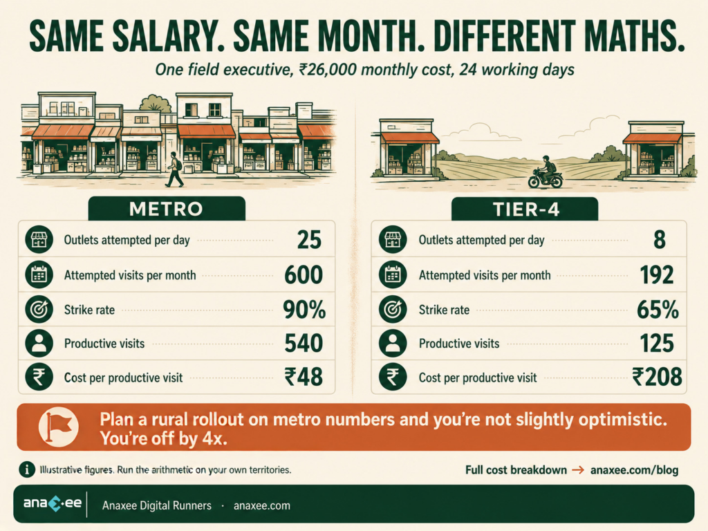 Chart comparing field sales cost per retailer visit in metro and tier-4 Indian markets, Rs 48 against Rs 208