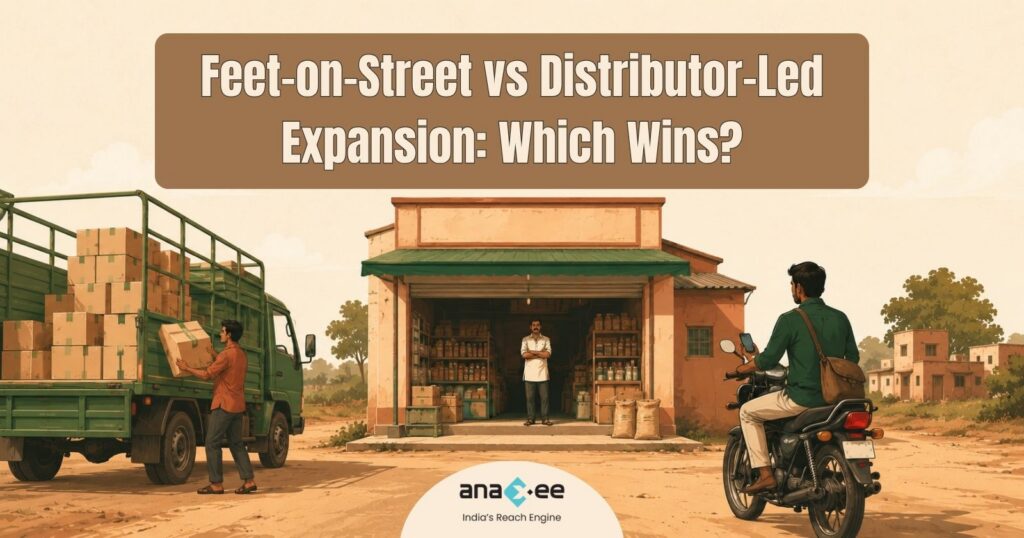 Distributor-led versus feet-on-street expansion in India — a delivery truck and field executive at one shopfront