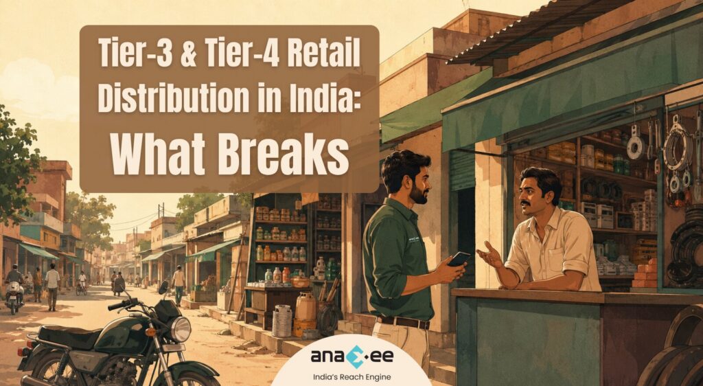 Field executive speaking with a shop owner on a small-town Indian market street during a retail visit
