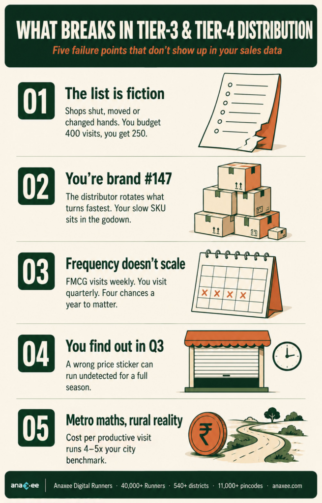 Five reasons rural distribution breaks: outdated outlet lists, distributor priorities, low visit frequency, delayed visibility