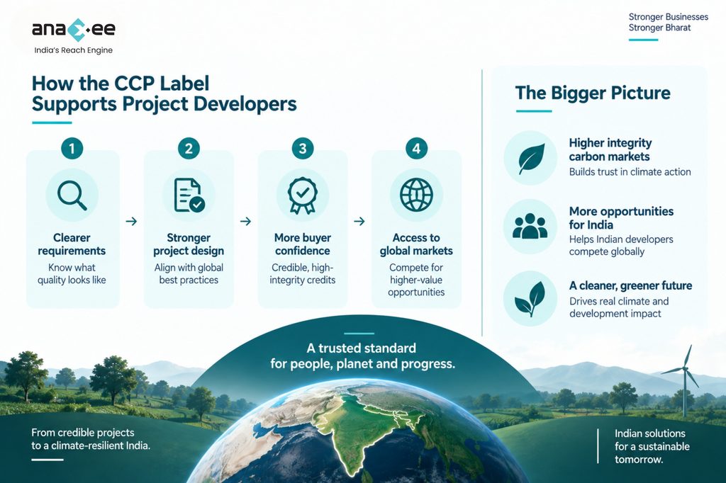 CCP Label graphic showing a carbon project in India with a field worker, young plants, and a Core Carbon Principles certification document, representing high-integrity carbon projects and sustainable development.