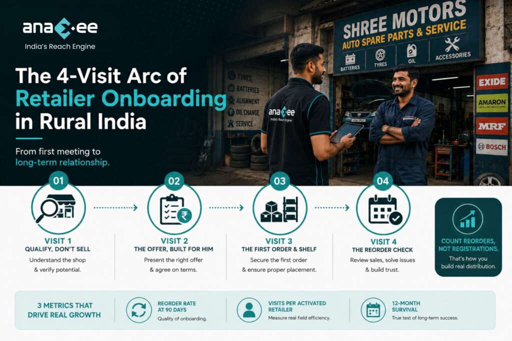 Effective retailer onboarding is built through multiple field visits that qualify retailers, secure the first order, and establish repeat purchasing.