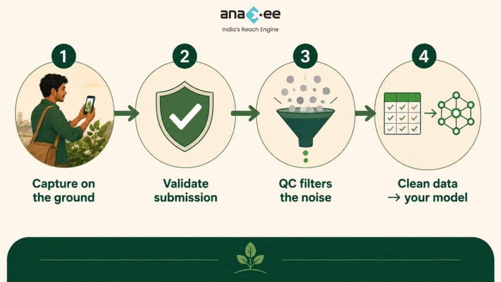 Infographic showing the four-step ground truth data workflow for AI training: capture data in the field, validate submissions, apply quality control, and deliver clean datasets for machine learning models.
