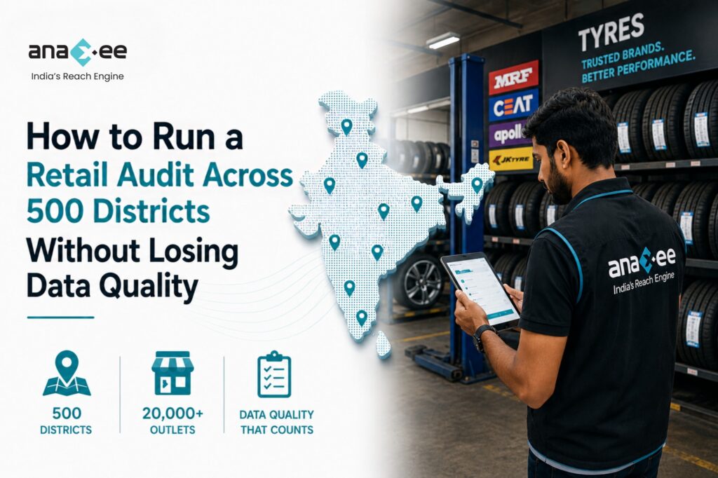 Field executive conducting a digital retail audit with a tablet in a tyre retail store, illustrating how to manage retail audits across 500 districts while maintaining consistent data quality.