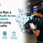 Field executive conducting a digital retail audit with a tablet in a tyre retail store, illustrating how to manage retail audits across 500 districts while maintaining consistent data quality.