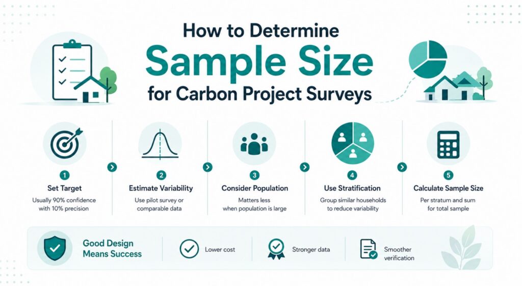 Infographic showing the five-step process for calculating sample size in carbon project surveys, including confidence level, variability estimation, population assessment, stratification, and sample size calculation.