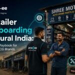 Infographic showing the four-step retailer onboarding process in rural India, from qualifying retailers and presenting offers to securing the first order and encouraging repeat purchases.