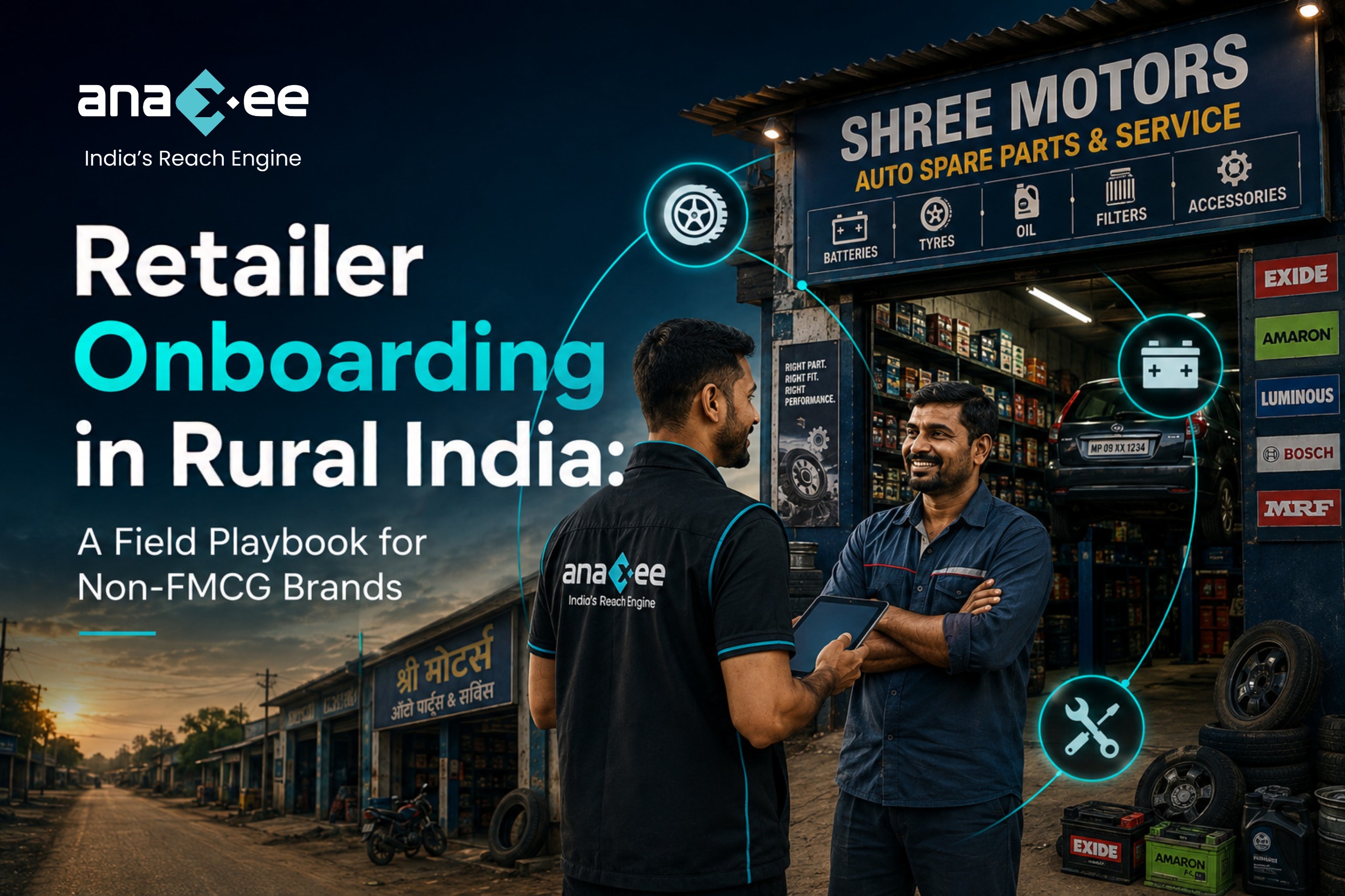 Infographic showing the four-step retailer onboarding process in rural India, from qualifying retailers and presenting offers to securing the first order and encouraging repeat purchases.