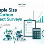 Illustration explaining sample size calculation for carbon project surveys, showing rural households, survey checklist, confidence level, precision, and statistical sampling for carbon projects.