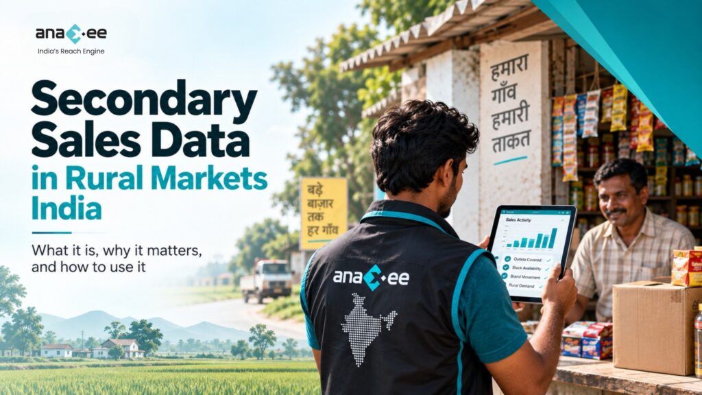 Five-step infographic showing how secondary sales data moves from rural retail sales and field collection to organized data, visible market trends, and smarter business decisions.