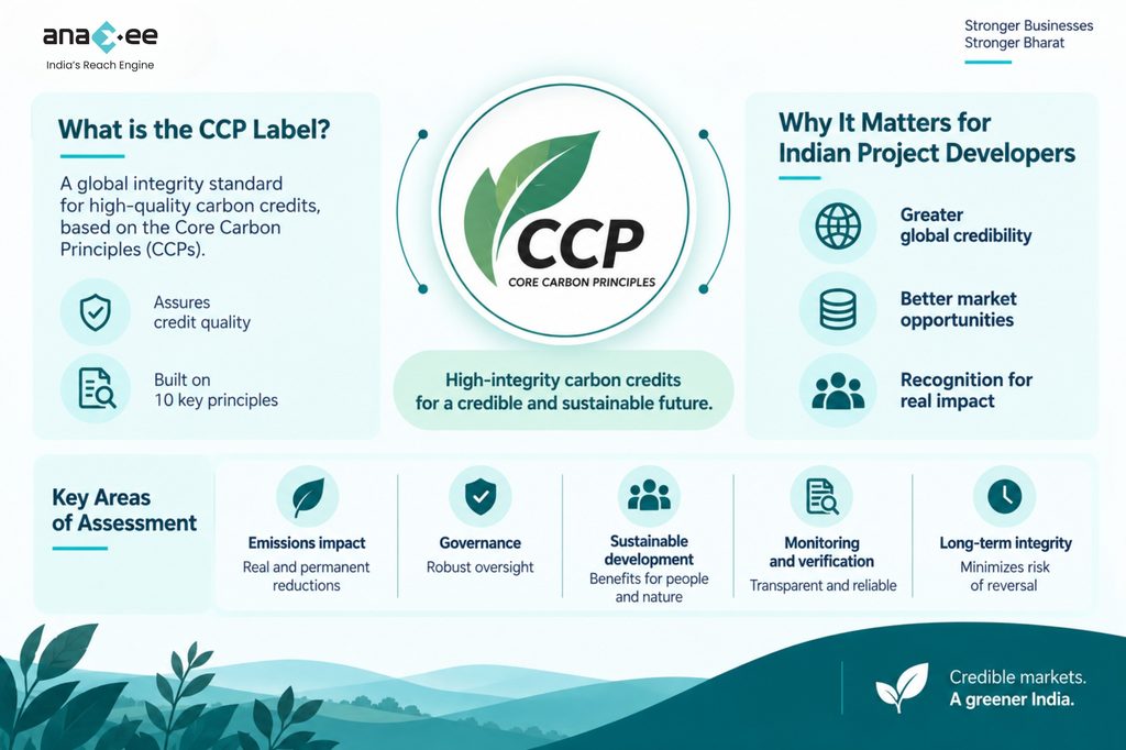 Infographic explaining the CCP Label as a global carbon credit integrity standard, including its key assessment areas such as emissions impact, governance, sustainable development, monitoring, verification, and long-term integrity.