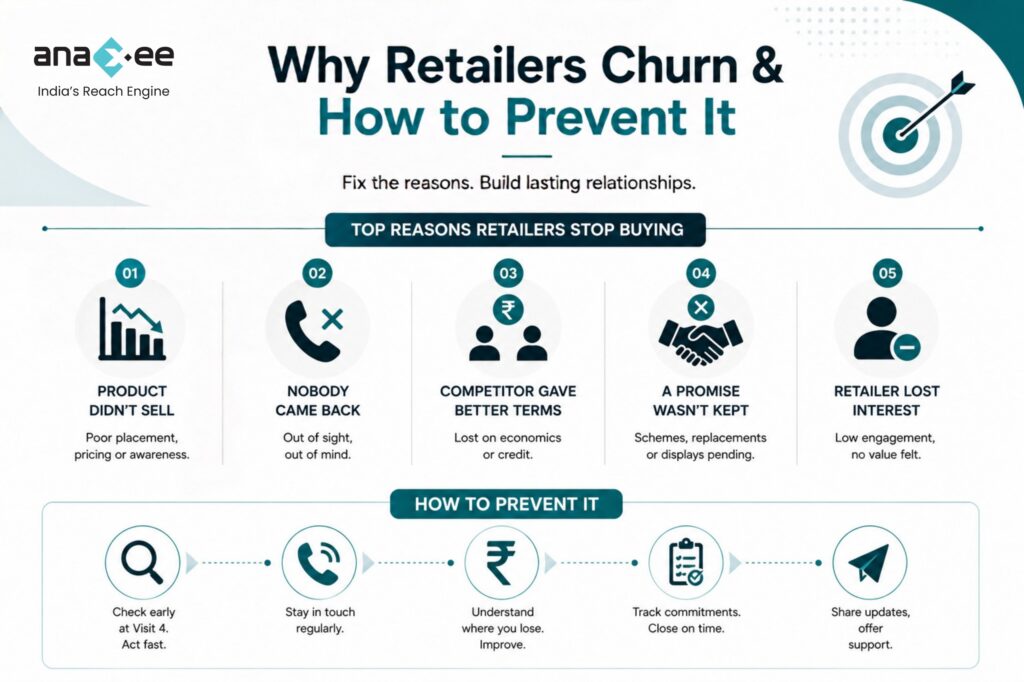 Infographic explaining the main reasons rural retailers stop buying, including poor product sales, lack of follow-up, better competitor offers, broken commitments, and low engagement, with practical retention strategies.