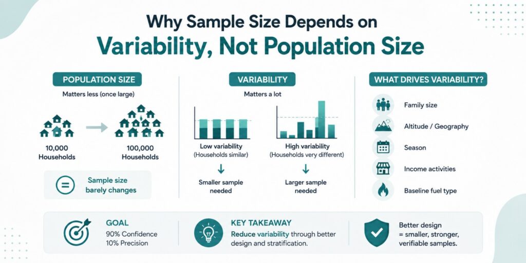 Infographic explaining why variability affects sample size more than population size in carbon project surveys, including examples of household variability, stratification, and 90% confidence with 10% precision.