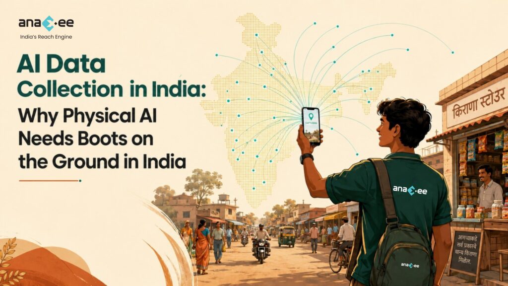 Anaxee Digital Runner capturing data on a smartphone in an Indian market street, with data points spreading across a map of India