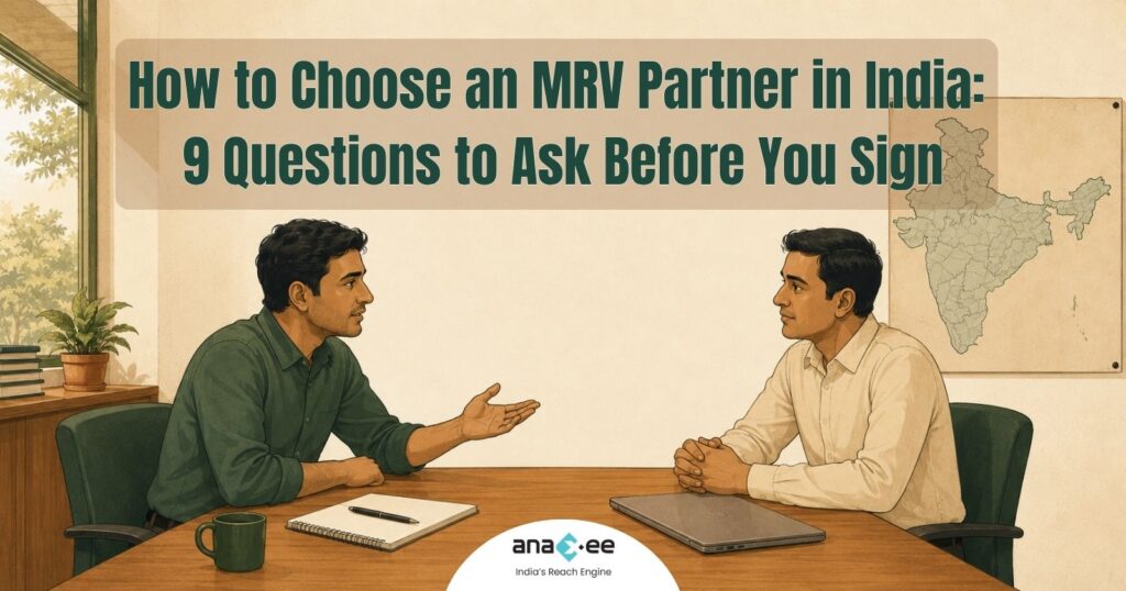 Carbon project developer questioning an MRV vendor across a table before signing a field data contract