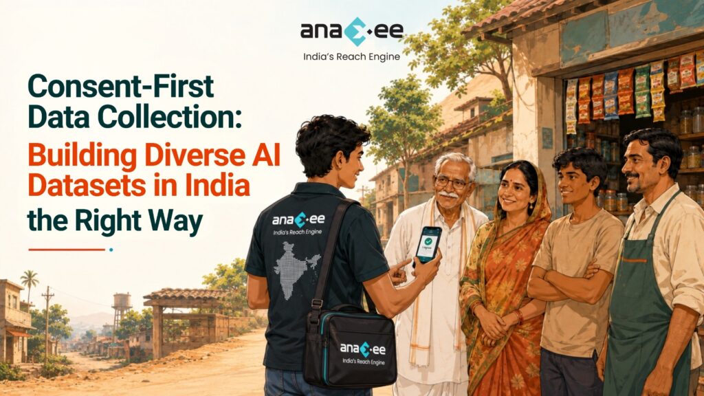 An Anaxee Digital Runner shows an "I Agree" consent screen on a phone to a rural Indian family outside a village shop before collecting image and video data